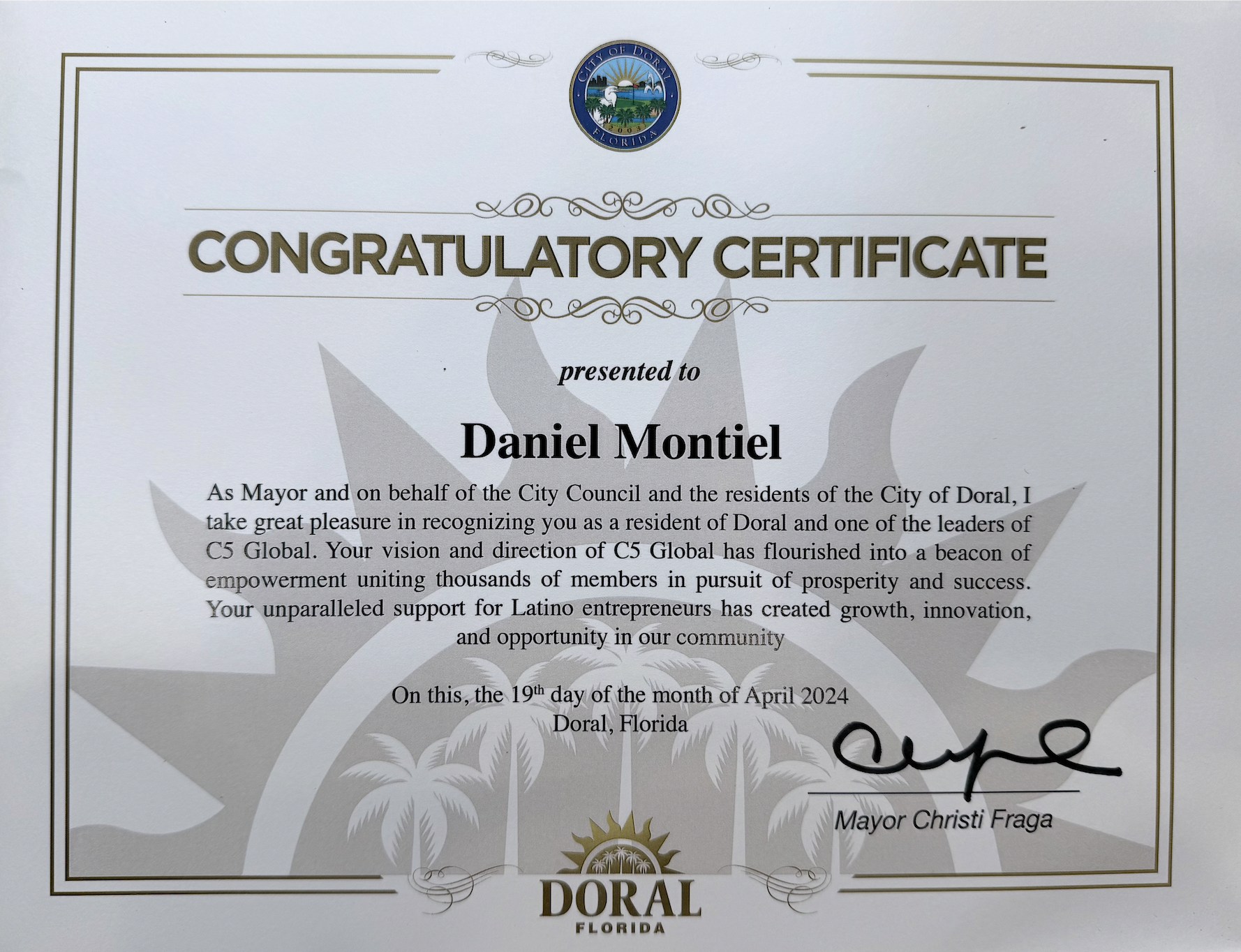 Congratulatory Certificate oficial enmarcado de la City of Doral, Florida